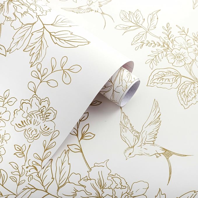 Froluya Cream White and Gold Floral Wallpaper Peel and Stick Wallpaper 17.7"x118.1" Vintage Floral Removable Self Adhesive Wall Paper for Bedroom Boho Contact Paper Peel and Stick Decorative Cabinets