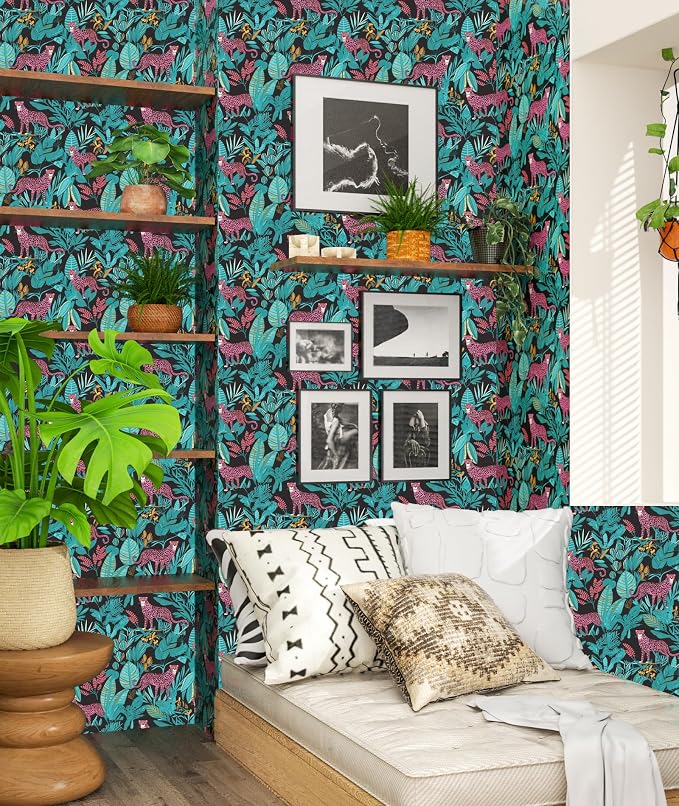 Blue Pink Vintage Leopard Peel and Stick Wallpaper 17.5" x 118" | Waterproof Vinyl Self Adhesive Removable Renter Friendly Floral Contact Paper