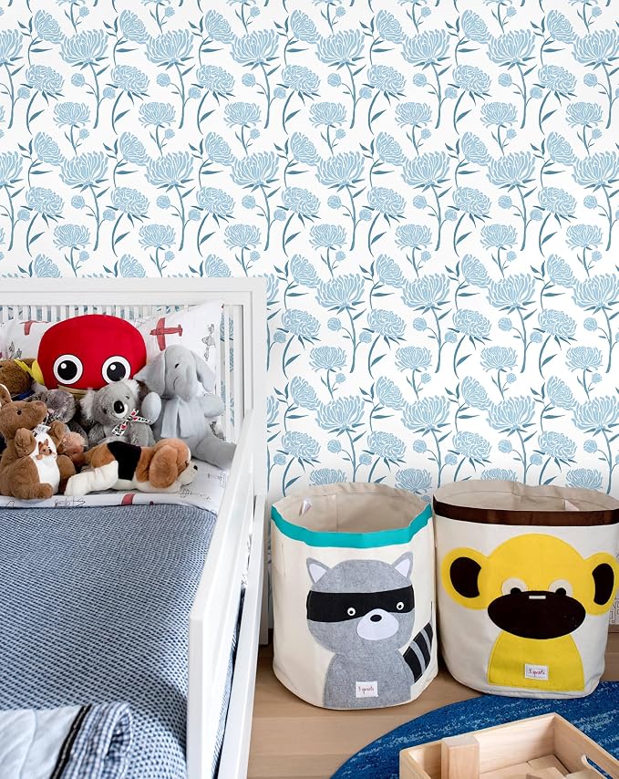 Hopepak Floral Peel and Stick Wallpaper Contact Paper Blue Wall Paper Modern Self Adhesive Removable Vinyl Wallpaper for Bedroom 17.3"x118"