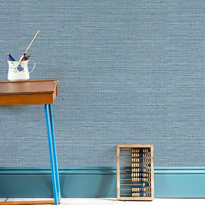 JiffDiff Grasscloth Wallpaper Peel and Stick 1181" x 17.3" Blue Cream Grassweave Stick on Wallpaper Textured Self Adhesive Wall Paper Contact Paper