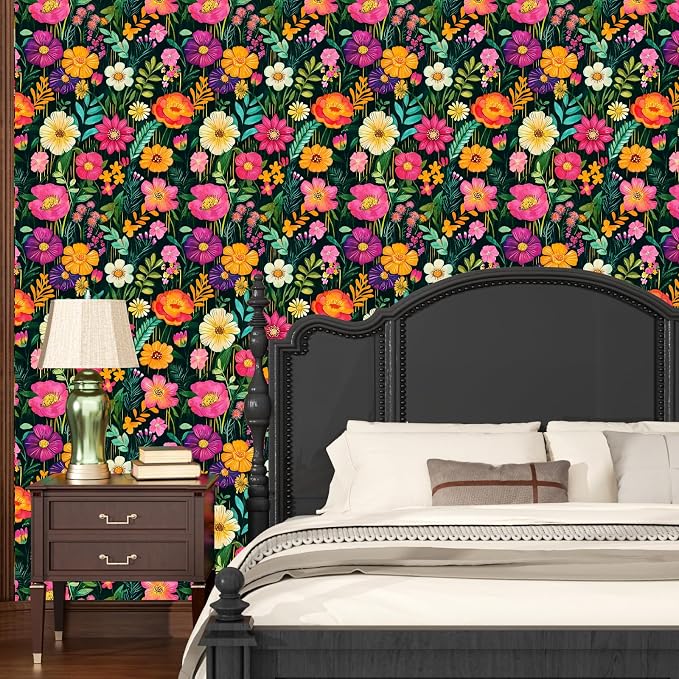 BOKEBEVE Floral Wallpaper Peel and Stick Boho Green Colorful 17.5 x 78.5In | Removable Self Adhesive Renter Friendly Vintage Flower Wall Paper for Bedroom Bathroom Living Room Feature Accent Wall