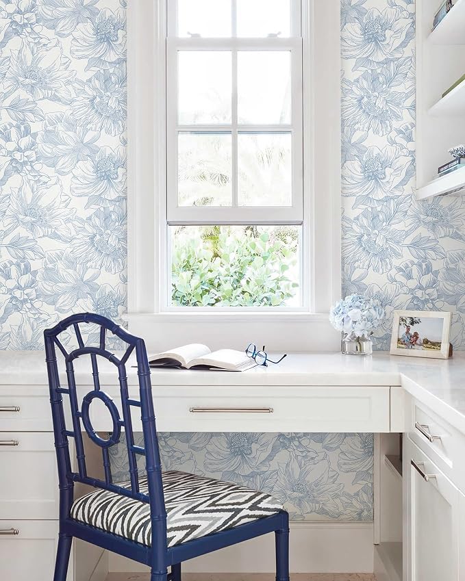 78.7"x17.3"Peel and Stick Blue Vintage Floral Line Wallpaper for Living Room