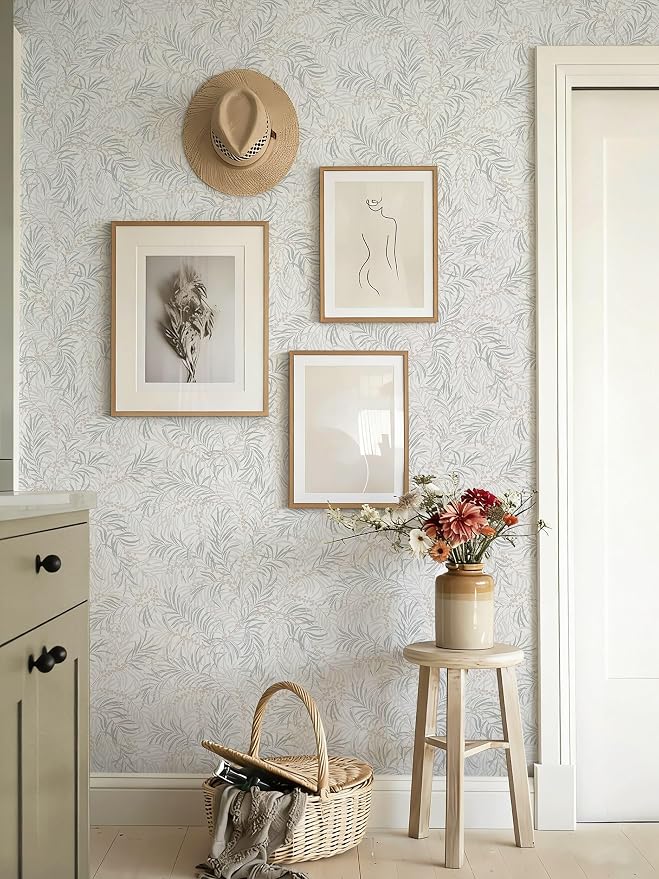 Ismoon Boho Wallpaper Peel and Stick Dusty Green Botanical Wallpaper 17.3in x32.8ft Neutral Leaf Removable Waterproof Green Contact Paper for Bedroom Kitchen Renter Friendly Wall Decor Vinyl