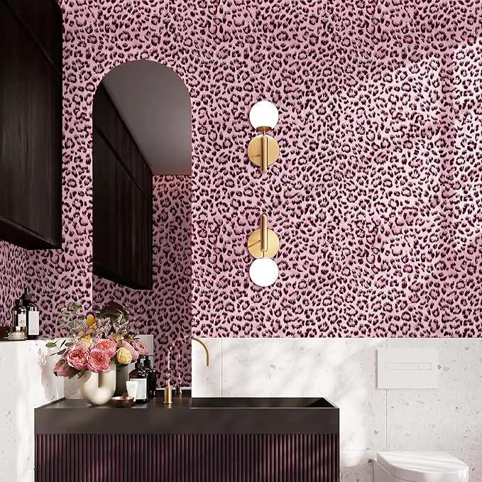 Leopard Print Peel and Stick Wallpaper, Waterproof Removable Self Adhesive Textured Wall Paper, Black and Pink Unique Funky Cheetah Contact Paper for Bedroom and Bathroom 120"X17.3"(14.4 sq. ft)