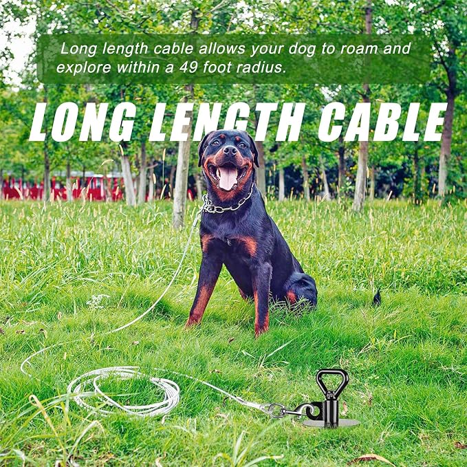 SELEWARE Dog Tie Out Cable and Stake, Dog Stake with 49FT Heavy Duty Cable | 15" Long Anti-Rust Heavy Duty Dog Stake for Large Dogs up to 220 lbs, Easy Install with Twist Rod for Yard, Camping Outside