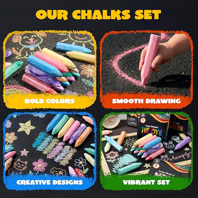 JOYIN 18 PCS Washable Sidewalk Chalk, 3 Packs Total, 3 Styles (Tie-Dye, Glitter & Neon), Outdoor Chalks for Painting, Drawing, Easter Basket Stuffers