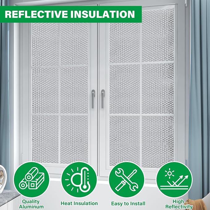 winemana Window Insulation Roll 48IN x 50FT Reflective Heat Shield Bubble Film Double-Sided Aluminum Foil Insulation Weatherproof Garage Door Cover for Windows RV Basement Winter Summer