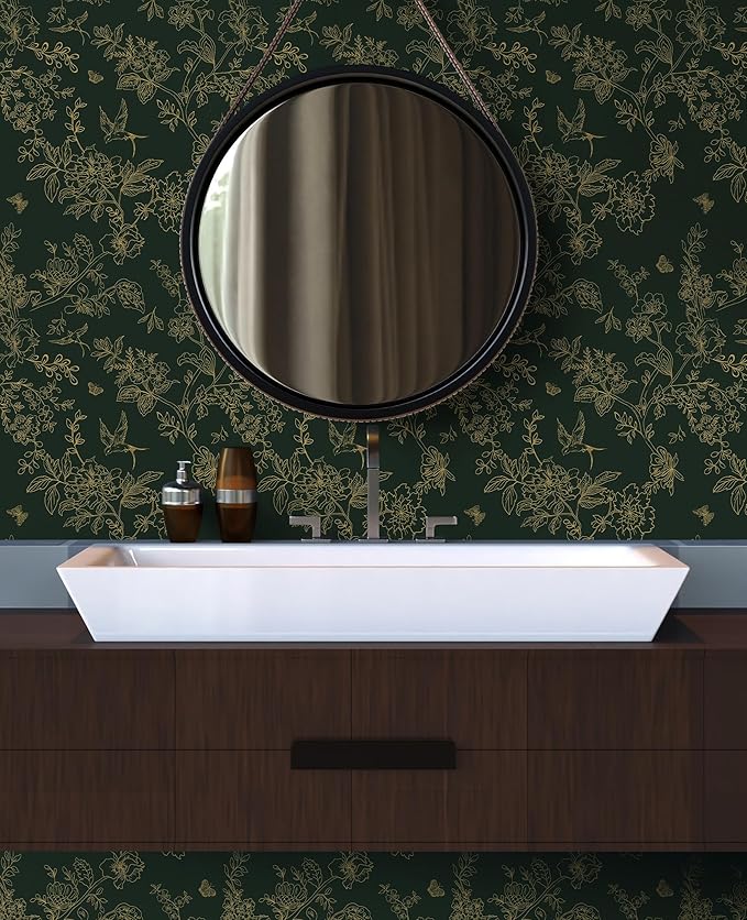 Froluya Dark Green and Gold Wallpaper Floral Peel and Stick Wallpaper 17.7"x393.7" Vintage Floral Contact Paper Peel and Stick Flowers Birds Removable Self Adhesive Wall Paper for Bedroom Cabinets