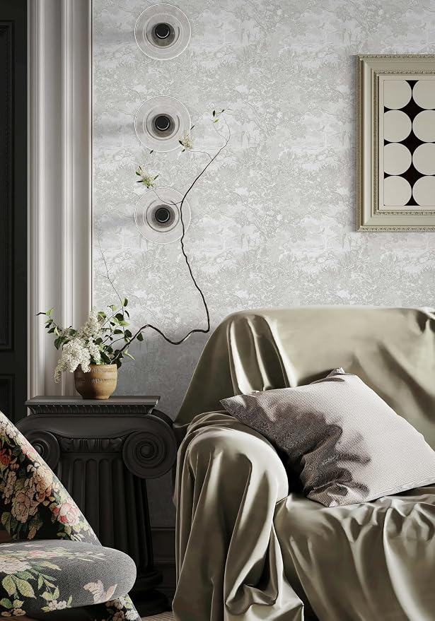 Heroad Peel and Stick Wallpaper Grey and White Vintage Forest Animals Floral Wallpaper Removable Self-Adhesive Contact Paper for Bedroom Living Room Cabinets Decoration Thicken Vinyl 17.3" x 393"