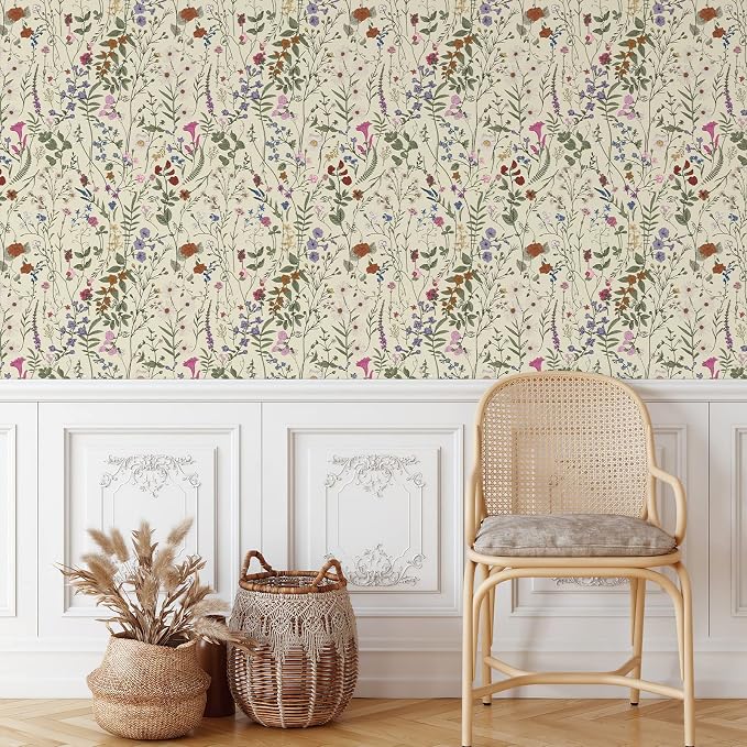 Wallpaper Self-Adhesive Blooming Vintage Colourful Flowers Wall Paper for Bedroom Living Room Cabinet, Peel and Stick Beige Sketch Little Flowers Wallpaper Mural 47.36 sq. feet (393.7"x17.3")