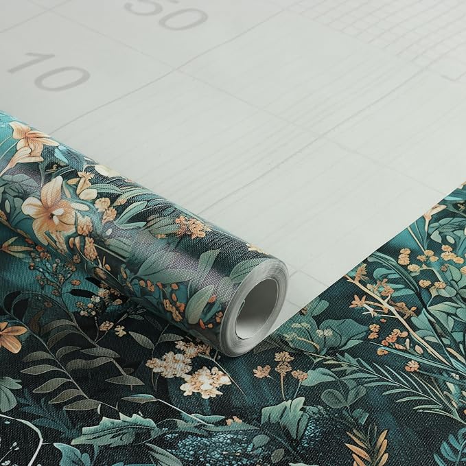 Floral Peel and Stick Wallpaper Teal Contact Paper 17.3in x 118in | Botanical Self Adhesive Wallpaper Vintage Floral Decor Vinyl for Bathroom Cabinets Teal Flower Removable Wall Paper Roll