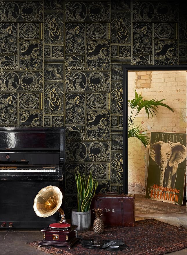 Erfoni Black and Gold Wallpaper Vintage Peel and Stick Wallpaper Special Animals Pattern Contact Paper Stick and Peel Self Adhesive Removable Wall Paper for Countertop Cabinets Covering 78.7"x17.7"