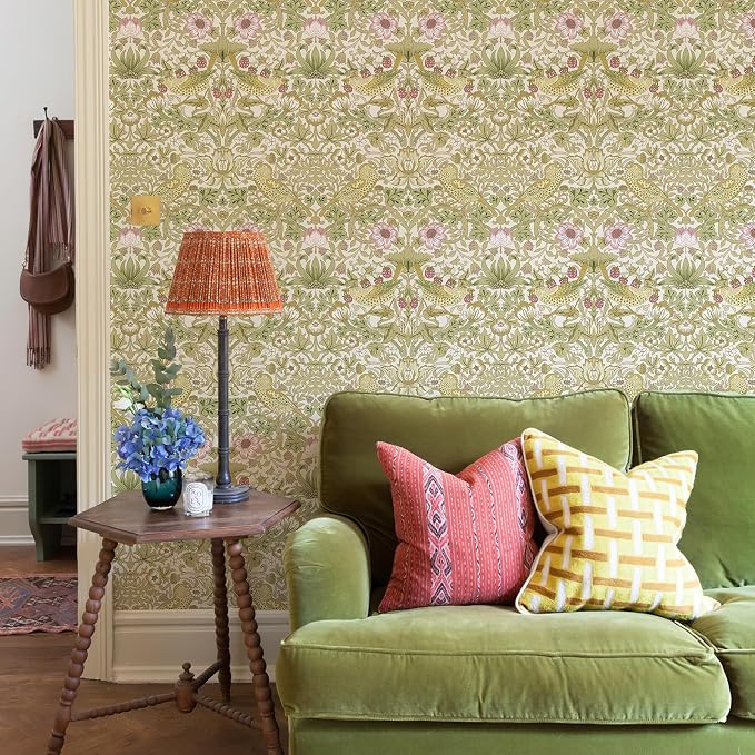 HueBurst 17.7x394 in White Peel and Stick Floral Wallpaper Flower/Strawberry/Bird William Morris Vintage Wallpaper Self Adhesive Contact Paper Removable Wall Paper for LivingRoom Bedroom Kitchen Decor
