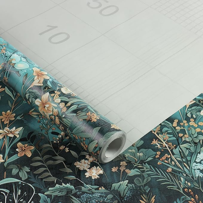 Floral Peel and Stick Wallpaper Teal Contact Paper 17.3in x 197in | Botanical Self Adhesive Wallpaper Vintage Floral Decor Vinyl for Bathroom Cabinets Teal Flower Removable Wall Paper Roll