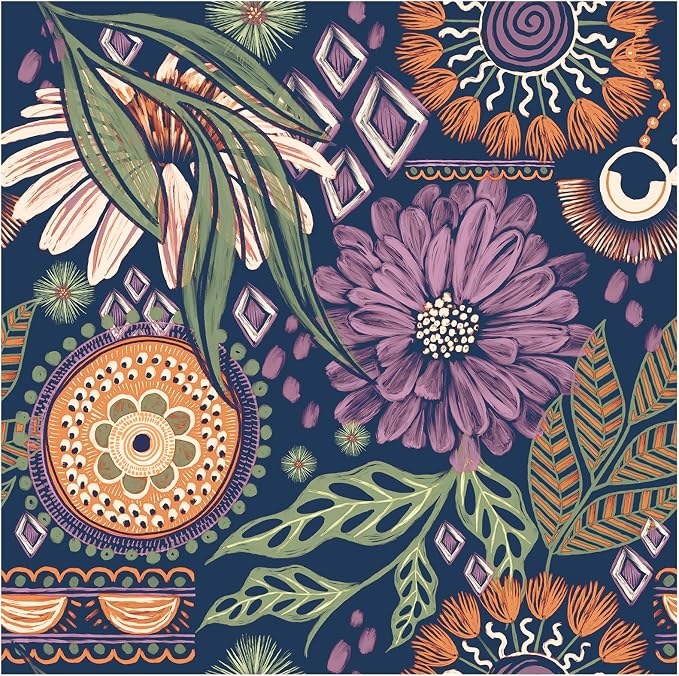 HAOKHOME Renter Friendly Peel and Stick Wallpaper Purple 17.3in x 32.8ft | Removable Self Adhesive Vinyl Navy Terracotta Boho Retro Floral Moody Textured Wall Paper for Bedroom Bathroom Accent Decor
