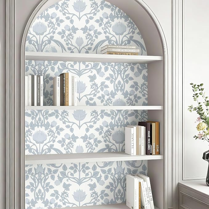 YXTII 17.3"×78.7" Blue Floral Peel and Stick Wallpaper, Damask Vintage Wallpaper for Bedroom Bathroom Self Adhesive Removable