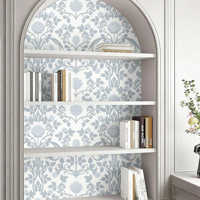 YXTII 17.3" × 393.7" Blue Floral Peel and Stick Wallpaper, Damask Vintage Wallpaper for Bedroom Bathroom Self Adhesive Removable