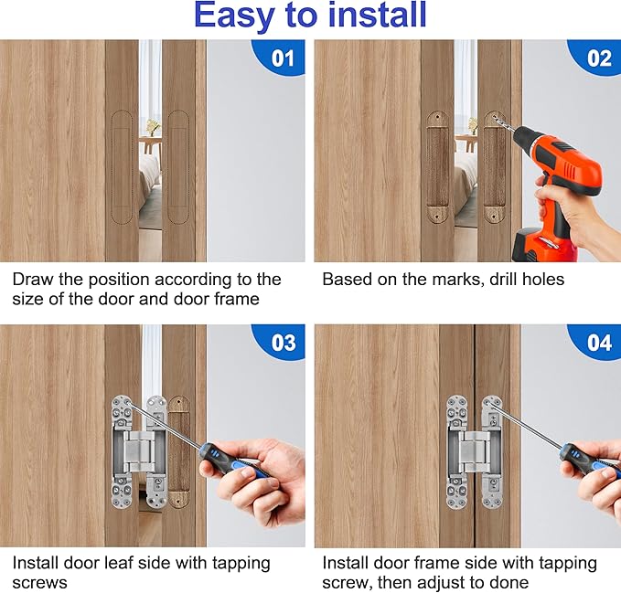 2Kits 7 inch Stainless Steel Hidden Door Hinges -Invisible Hinges for Doors, 180 Degree Swing Concealed Door Hinges, 3 Way Adjustable for Heavy Duty (‎Silver)