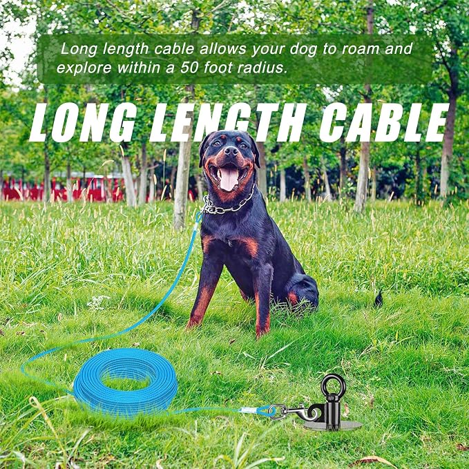 Dog Tie Out Cable and Stake, 50ft Dog Lead, 15" Heavy Duty Dog Anchor for Dogs Up to 125lbs, No Tangle, Dog Runner for Yard and Camping