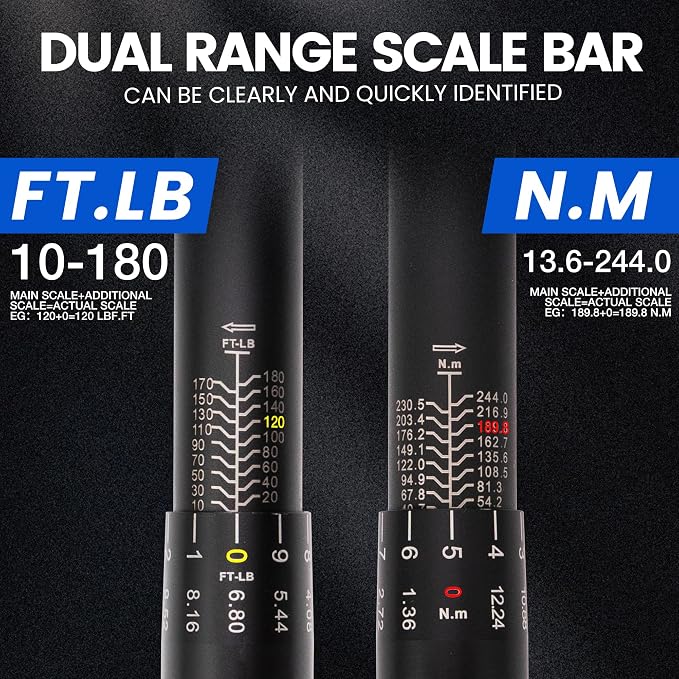 1/2 Inch Drive Click Torque Wrench, 10–180 Ft.Lb/13.6–244.0 Nm ±3% Accuracy, 72-Tooth Dual-Direction Ratchet, Adjustable Newton Meter Torque Wrenches for Motorcycle,Car & Bicycle Repair