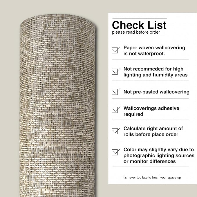 Ansehan Wallcovering W707 Terraces Collection 36" W x 8 Yard L, Natural Paper Weave Grasscloth Modern Texture Wallcovering for Living Room Bedroom Feature Wall, Biscotti