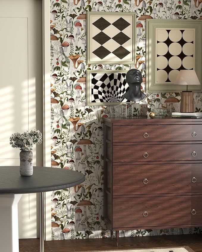 Mushroom Wallpaper Peel and Stick Forest Contact Paper 17.7"×78.8" | Self Adhesive Wallpaper Removable Vintage Beige Leaf Contact Paper for Cabinets Kitchen Mushroom Wallpapers Waterproof Vinyl