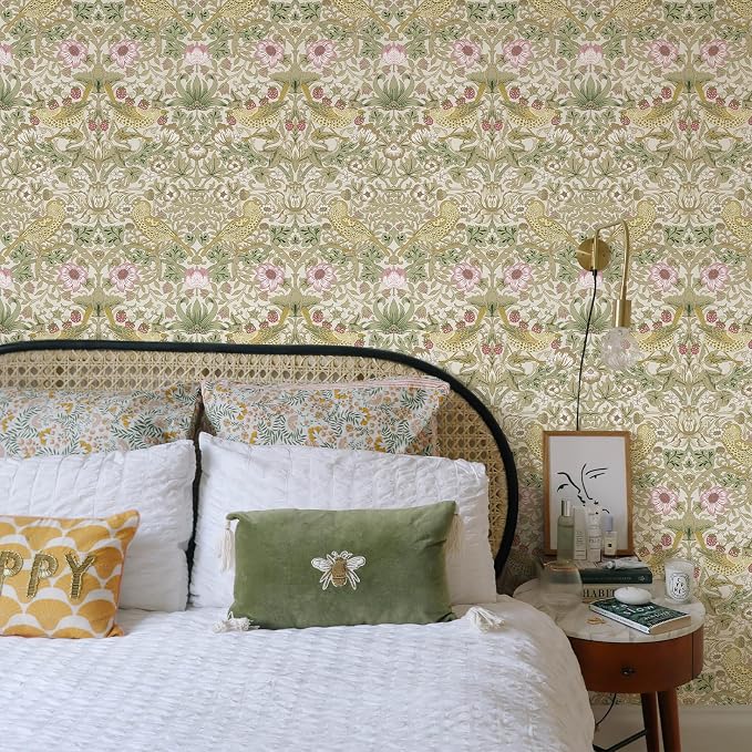 HueBurst William Morris Vintage Peel and Stick Wallpaper 17.7 x 800in Strawberry/Bird Botanical Self Adhesive Removable Waterproof Contact Paper for Living Room Bedroom Cabinets Drawers Decor