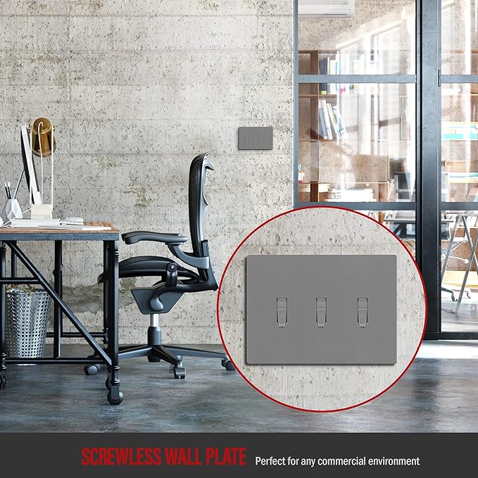 ENERLITES Screwless Triple Toggle Switch Wall Plate, Child Safe Light Switch Cover, Standard Size 3-Gang 4.68" x 6.53", Unbreakable Polycarbonate Thermoplastic, UL Listed, SI8813-GY, Glossy, Gray