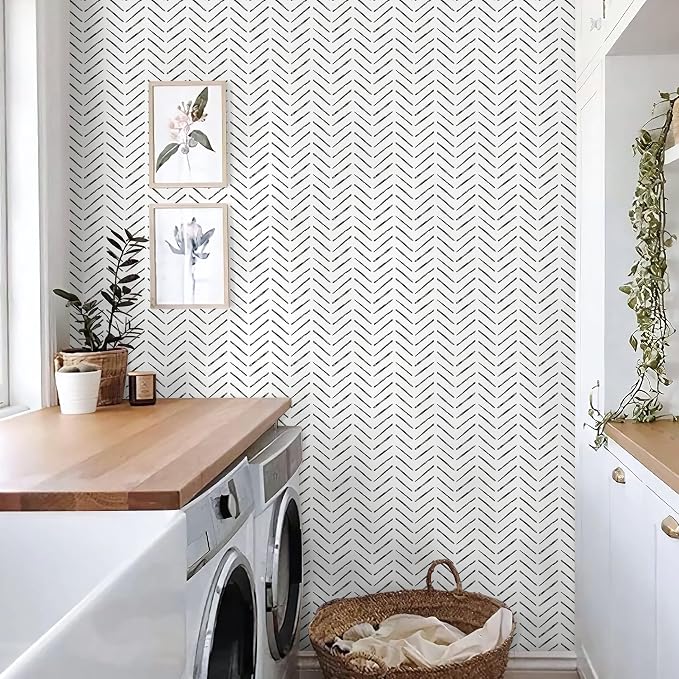 Rugreat Black Herringbone Peel and Stick Wallpaper Modern 276inL17.3inW | Stripe Contact Paper for Cabinets Neutral Self Adhesive Removable Wallpaper for Bedroom Bathroom Waterproof Black and White