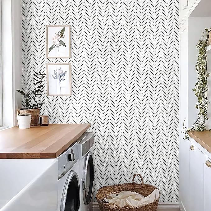 Rugreat Black Herringbone Peel and Stick Wallpaper Modern 788inL17.3inW | Stripe Contact Paper for Cabinets Neutral Self Adhesive Removable Wallpaper for Bedroom Bathroom Waterproof Black and White