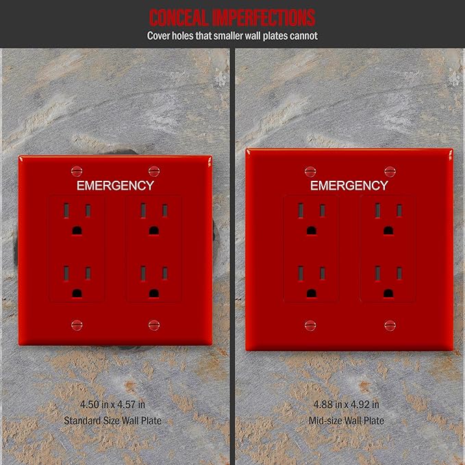 ENERLITES Double Decorator Switch Cover with Emergency Label, Two Gang Outlet Wall Plate, Mid-Size 2-Gang 4.88" x 4.92", Unbreakable Polycarbonate Thermoplastic, UL Listed, 8832M-ER, Red