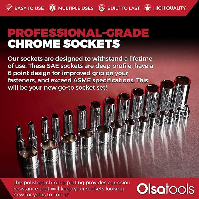 Olsa Tools 1/4-Inch Drive SAE Deep Socket Set - 13pc | 6-Point Chrome Vanadium Sockets, 1/8-Inch to 5/8-Inch, No Skipped Sizes - Professional-Grade SAE Socket Sets - Part: 1329