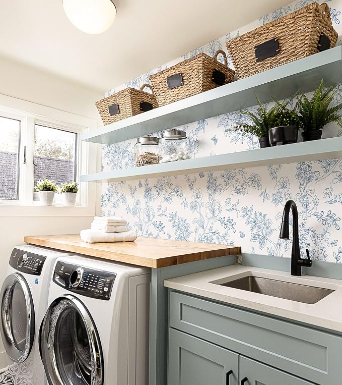 Froluya Cream White and Blue Floral Wallpaper Peel and Stick Wallpaper 17.7"x393.7" Vintage Floral Peel and Stick Wall Paper Removable Boho Self Adhesive Contact Paper for Bedroom Bathroom Vinyl