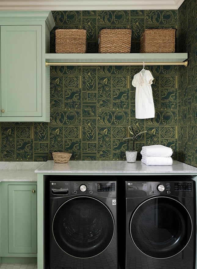 Erfoni 197"x17.7" Green and Gold Wallpaper Vintage Self Adhesive Peel Stick Wallpaper Retro Animail Pattern Contact Paper DIY Stick and Peel Removable Wall Paper Decoration Bedroom Wall Vinyl Roll