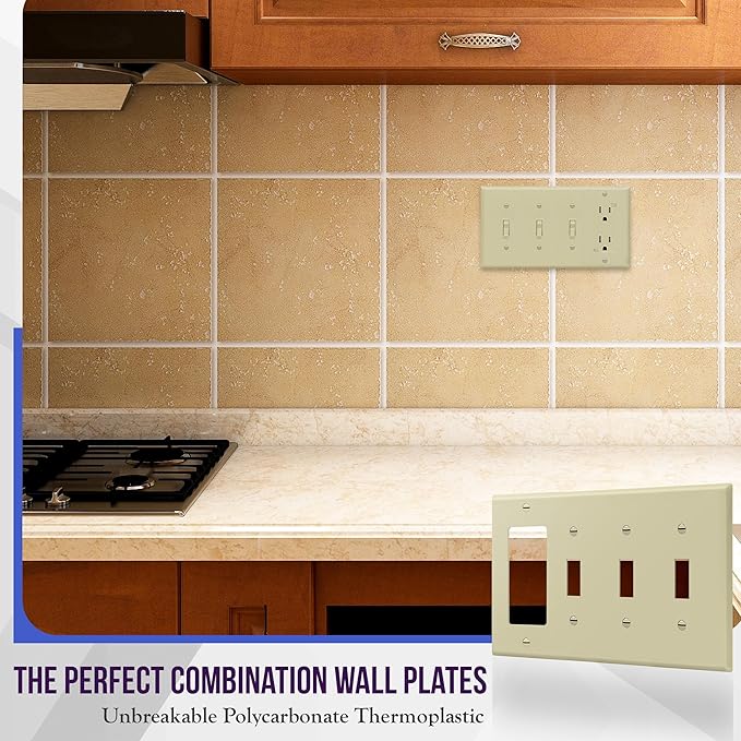 ENERLITES Combination Triple Toggle/Single Decorator Rocker Outlet Wall Plate, Standard Size 4-Gang Light Switch Cover (4.50" x 8.19"), Polycarbonate Thermoplastic, UL Listed，881331-I, Ivory