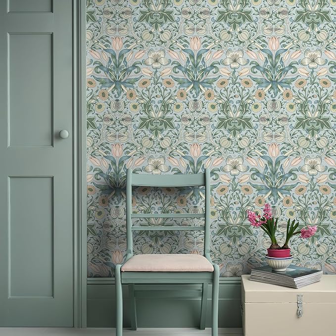 HueBurst 17.3"x394" Peel and Stick Vintage Floral Contact Paper Blue Background Pink Pomegranate Flower William Morris Wallpaper Self Adhesive Wall Paper Removable