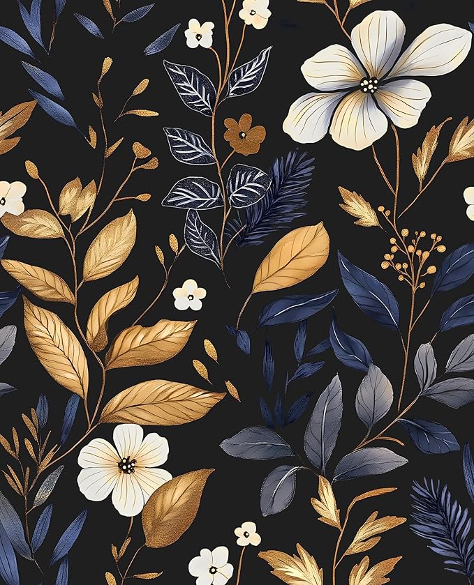 Laatse Blue/Gold Leaf Wallpaper Peel and Stick Vintage Dark Floral Wallpaper Waterproof Self Adhesive Removable Boho Wall Paper Modern for Bedroom Walls Drawer Cabinet 17.5in x118in