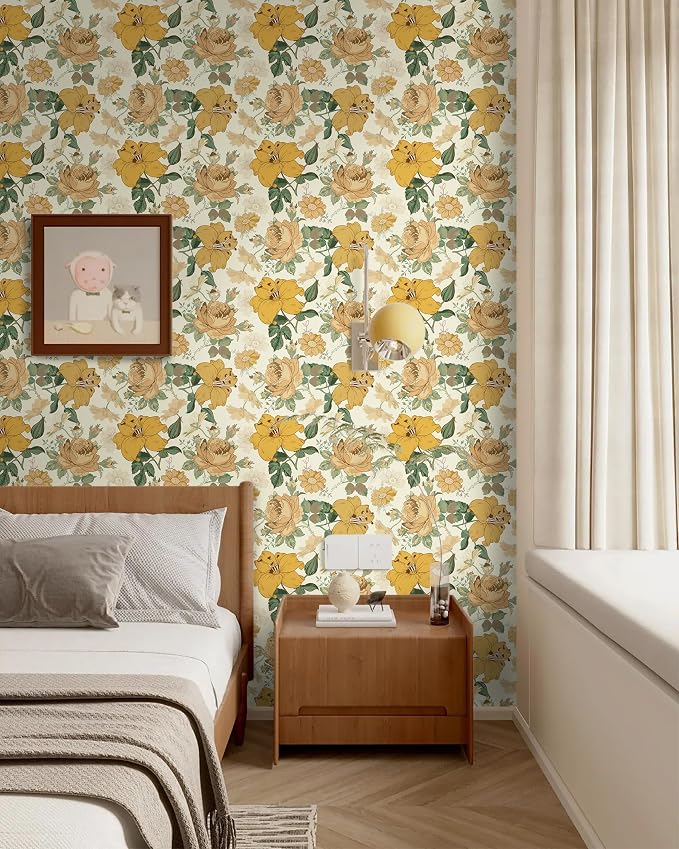 Hopepak 16.1'' x 394'' Floral Peel and Stick Wallpaper Modern Flower Contact Paper Self Adhesive Removable Waterproof Wall Paper for Bedroom Cabinets Living Room Home Decoration