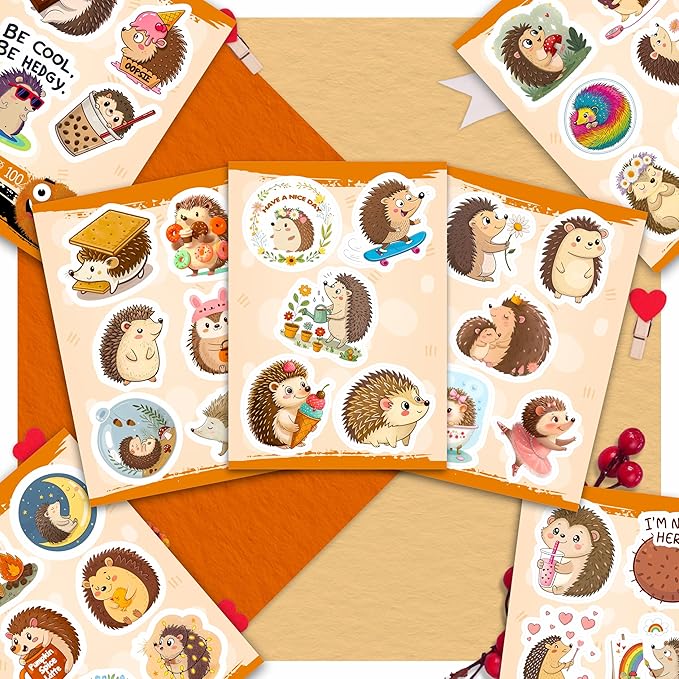 100Pcs Hedgehog Stickers for Water Bottle, Laptop - Funny Hedgehog Gifts, Party Supplies & Party Decorations - Woodland Animal Stickers and Decals - Gift for Women & Men