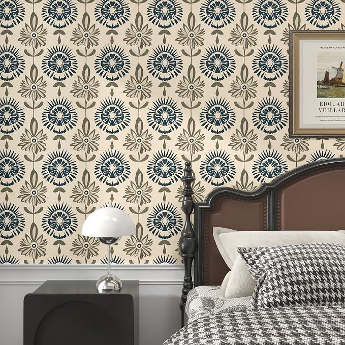 BOKEBEVE Boho Floral Peel and Stick Wallpaper Beige Blue 17.5 x 78.5In | Symmetry Contact Paper Modern Wall Paper for Bedroom Accent Walls Laundry Nursery Pantry Renter Friendly Removable