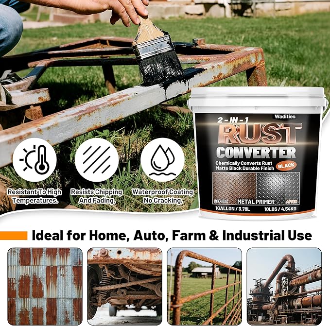 2-in-1 Rust Converter & Metal Primer, 1 Gallon Matte Black Rust Inhibitor Paint for Metal, Ultra Automotive Rust Reformer & Seal, Heat Resistance Trailer Paint for Chassis, Frame, Marine, Industrial