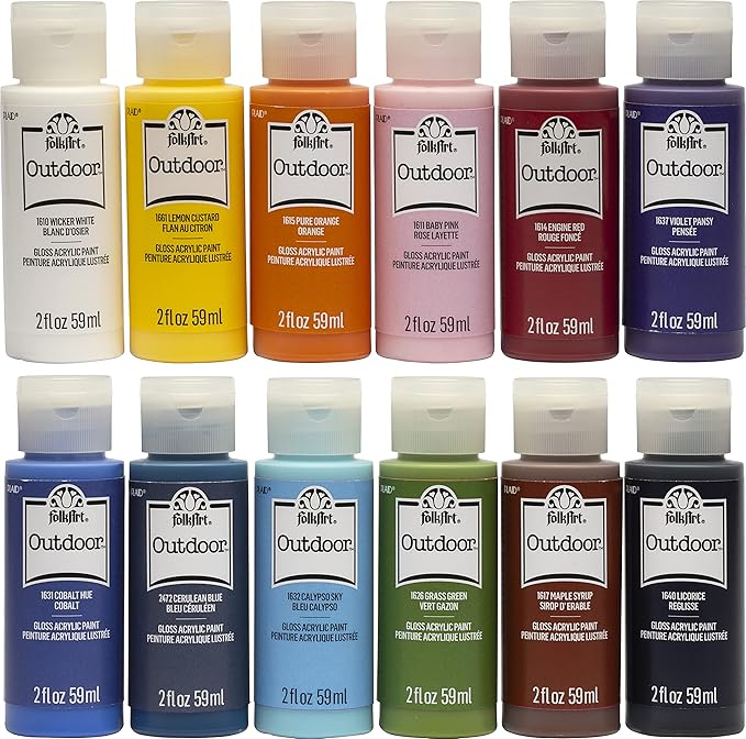 FolkArt Outdoor Gloss Acrylic Craft Paint Set Designed for Beginners and Artists, Non-Toxic Formula Perfect for Rock Designing, Twelve Bottles, 2 oz, 24 Fl Oz