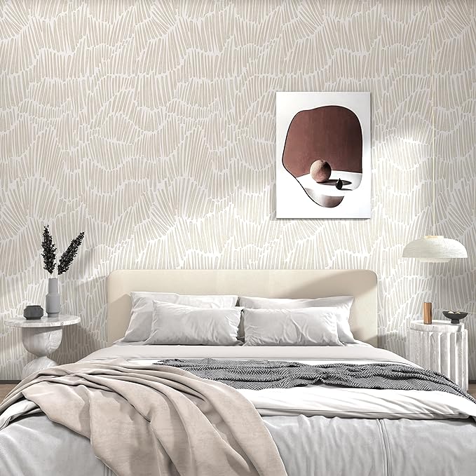 Theper Beige Modern Striped Peel and Stick Wallpaper Boho 17.3"×590" Self Adhesive Removable Wallpaper for Bedroom Waterproof Wall Paper Vinyl White and Gold Contact Paper