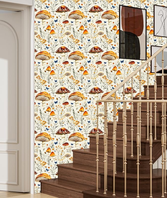 BOKEBEVE Mushoroom Wallpaper Peel and Stick Boho Beige Yellow 17.5 x 118In | Removable Self Adhesive Renter Friendly Vintage Floral Wall Paper for Bedroom Bathroom Cabinet Drawer Feature Accent Wall