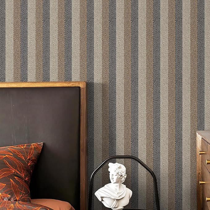 Simon&Siff Textured Fabric Geometric Peel and Stick Wallpaper 17.3"x800" Black/Grey/Brown Stripes Faux Grasscloth Linen Look Wall Paper Self-Adhesive Contact Paper Vinyl for Bedroon Bathroom Cabinets