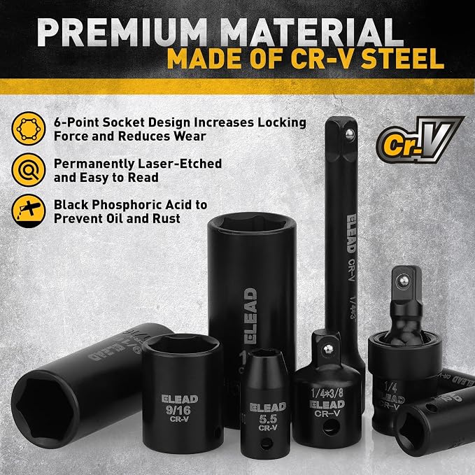 1/4" Drive Impact Socket Set, 56-Piece Standard SAE (5/32 to 9/16 inch) and Metric (4-15mm) Size, Deep & Shallow, 6 Point, Cr-V, 72-Tooth Ratchet Handle, Extension Bar, Universal Joint