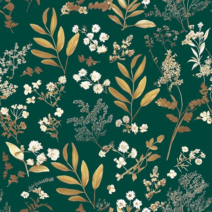 Vintage Dark Green Gold Floral Peel and Stick Wallpaper 17.5"x787" | Self Adhesive/Removable/Waterproof/Thick Vinyl Extra Long Contact Paper for Bathroom Bedroom Shelf Cabinet Drawer,Prepasted