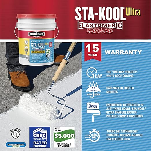 Gardner-Gibson Sta-Kool 15-Year Turbo-Dri Elastomeric Roof Coating, White, 5 Gal., Flexible White Acrylic Roof Coating, Reflective Finish Keeps Cool, Great for RV