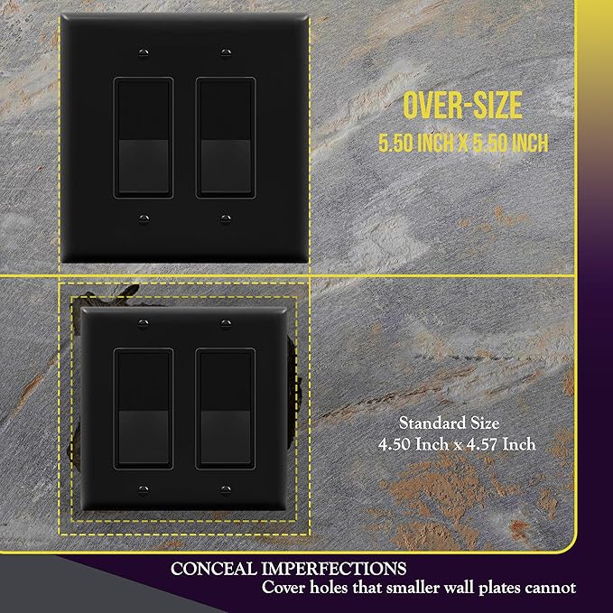 ENERLITES Double Decorator Switch Cover, Two Gang Outlet Wall Plate, Oversized 2-Gang 5.5" x 5.5", Unbreakable Polycarbonate Thermoplastic, UL Listed, 8832-BK, Black