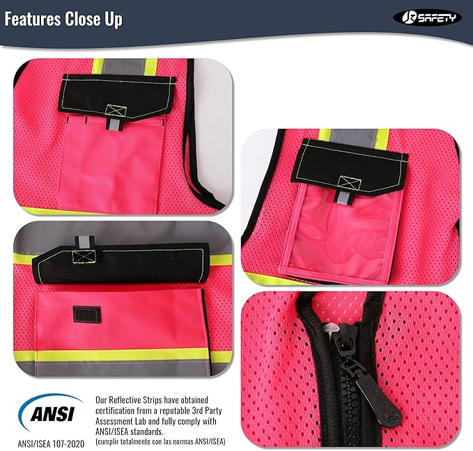 JKSafety Hi Vis Reflective Safety Vests for Men Women High Visibility Vest with Pockets Mesh Fabric Construction Safety Apparel Neon Vest for Work (220-Pink XXL)